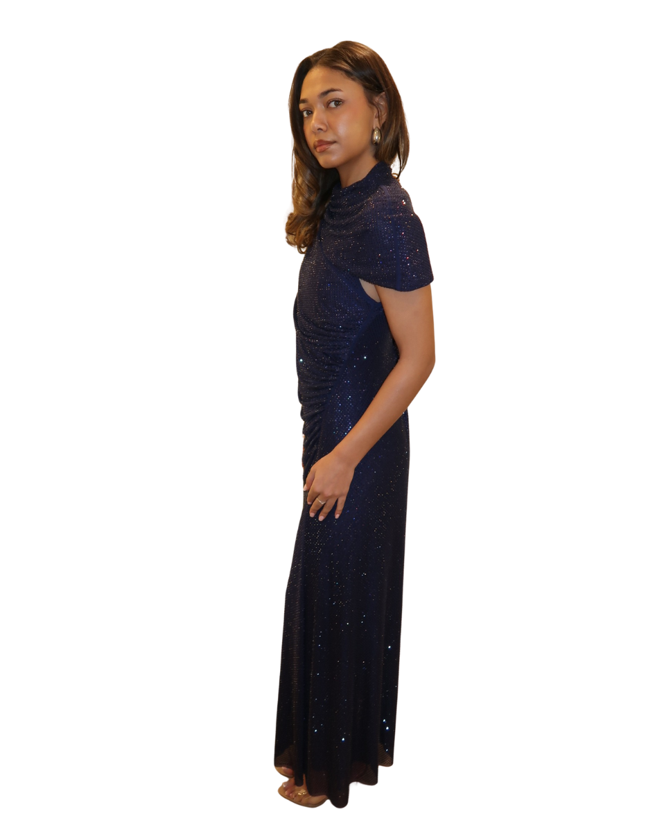 Navy Rhinestone Mesh Cut Out Midi Dress Navy - Image 2