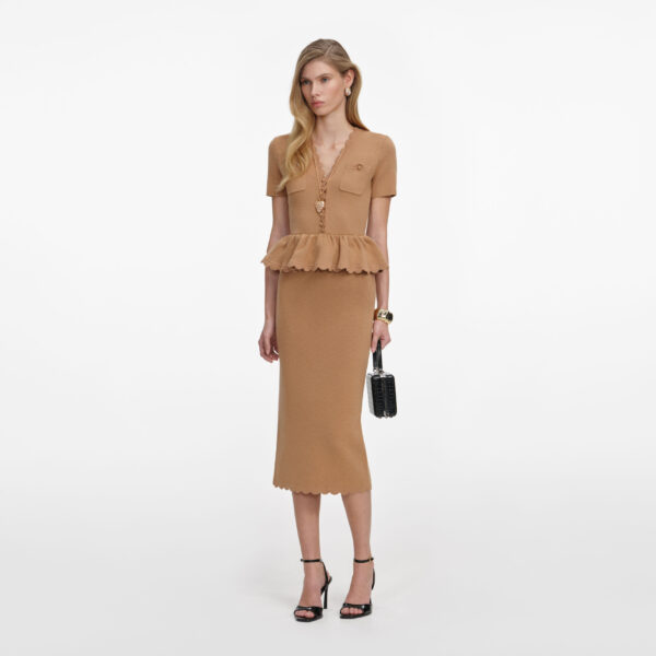 Camel Knit Peplum Midi Dress  Brown - Image 2