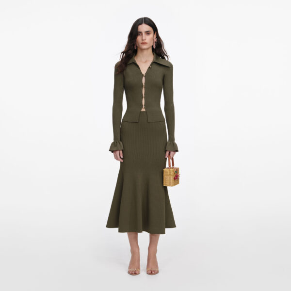 Khaki Knit Midi Skirt Green