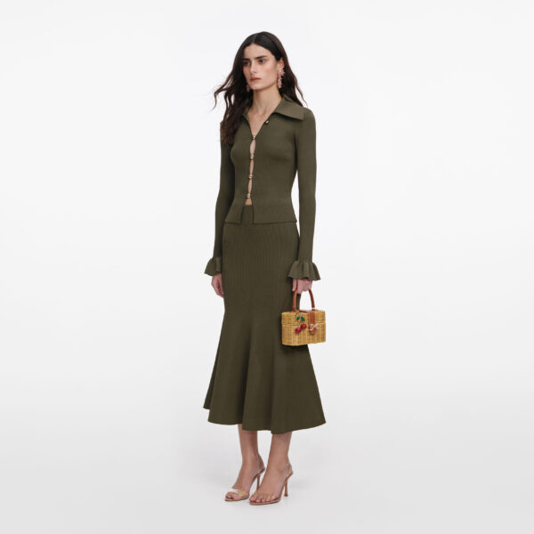 Khaki Knit Midi Skirt Green - Image 2