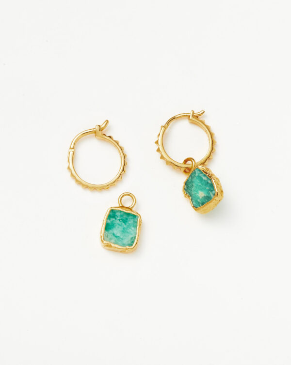 Pyramid Amazonite Mini Drop Charm Hoop Earrings  Gold