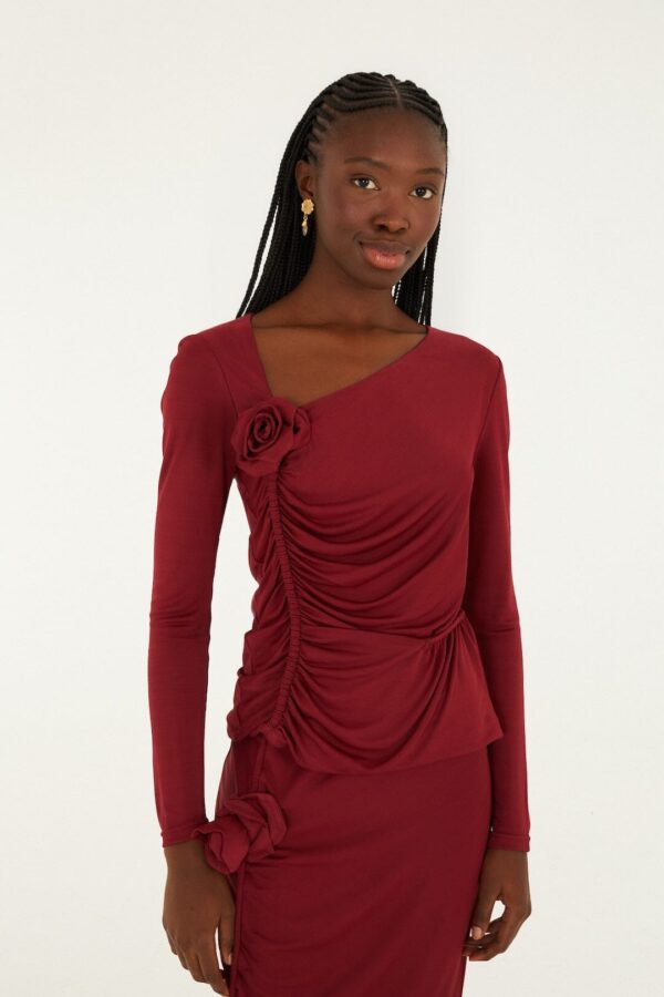 Burgundy Flower Long Sleeve Blouse burgundy