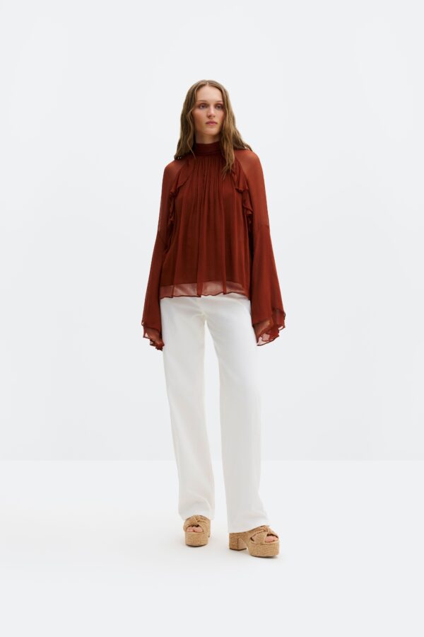 Therese tie neck ruffled blouse Rust