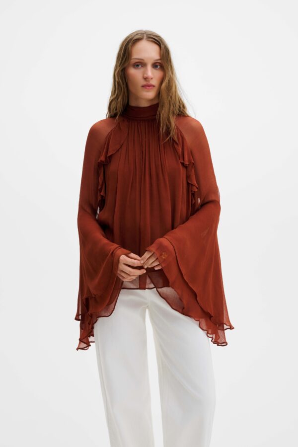 Therese tie neck ruffled blouse Rust - Image 2