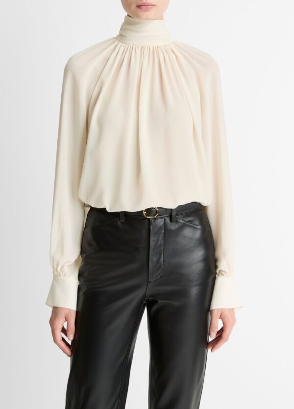 Gathered Draped Neck Blouse  Cream