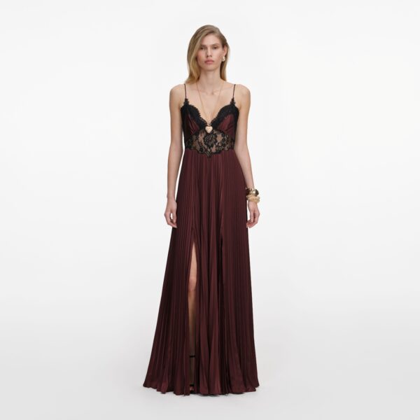 Brown Satin Lace Insert Maxi Dress Brown