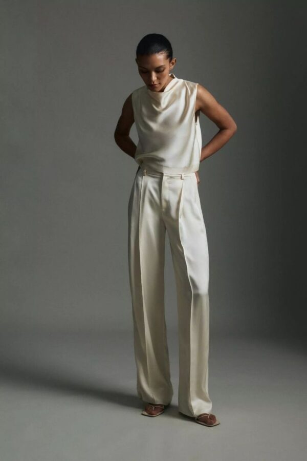 High Waist Satin Trouser  Flax