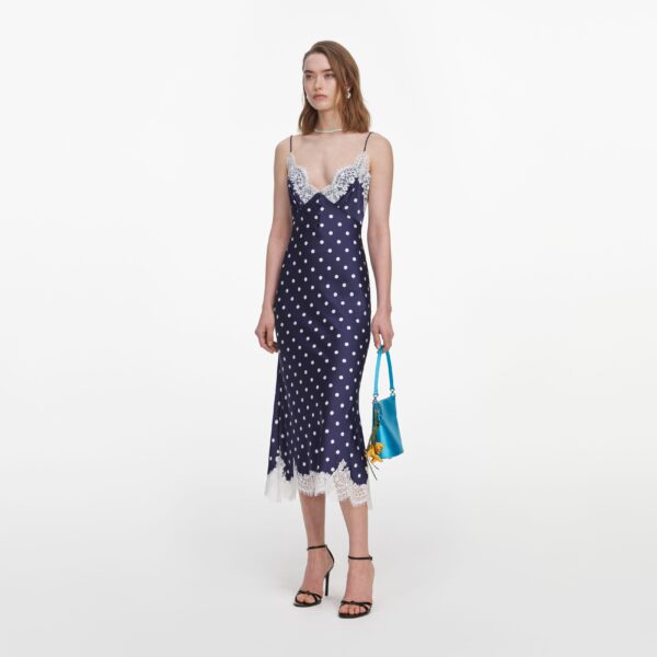Navy Polka Dot Satin Midi Dress