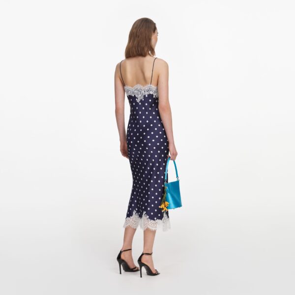 Navy Polka Dot Satin Midi Dress - Image 2