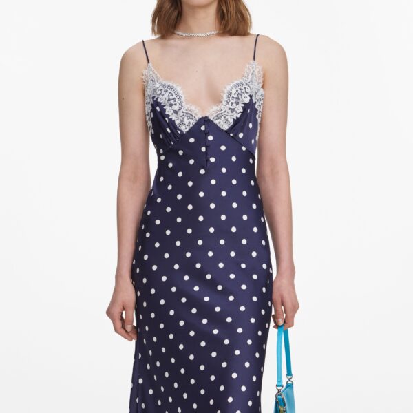 Navy Polka Dot Satin Midi Dress - Image 3