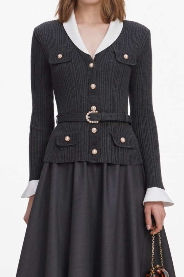 Grey Ribbed Knit Cardigan - Image 3