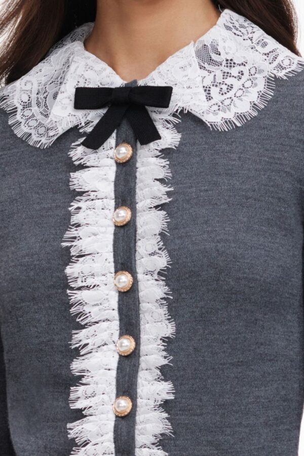 Grey Lace Collar Knit Cardigan - Image 2
