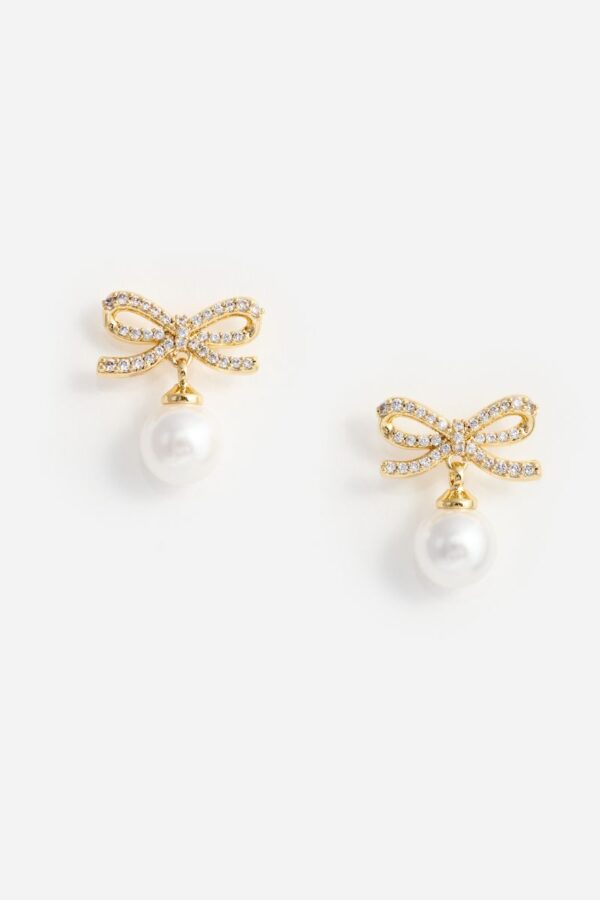 Gold Bow Pearl Earrings - Image 2