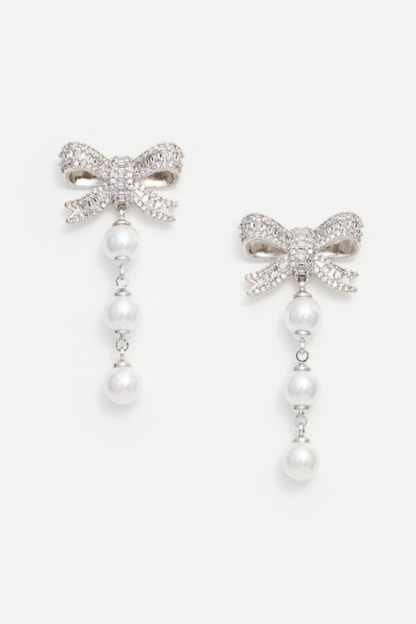 Crystal Bow Pearl Droplet Earrings - Image 2
