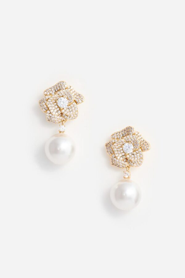 Mini Gold Crystal Flower Pearl Earrings