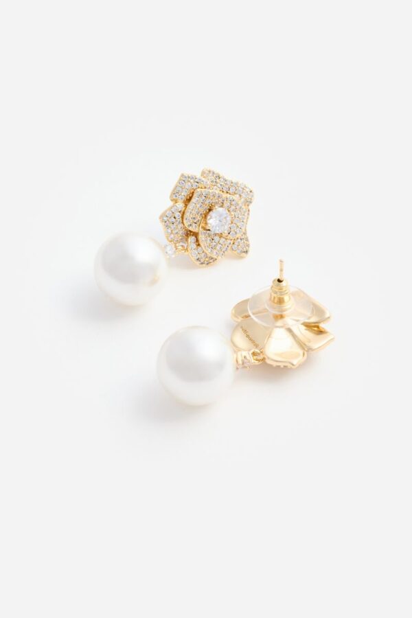 Mini Gold Crystal Flower Pearl Earrings - Image 2