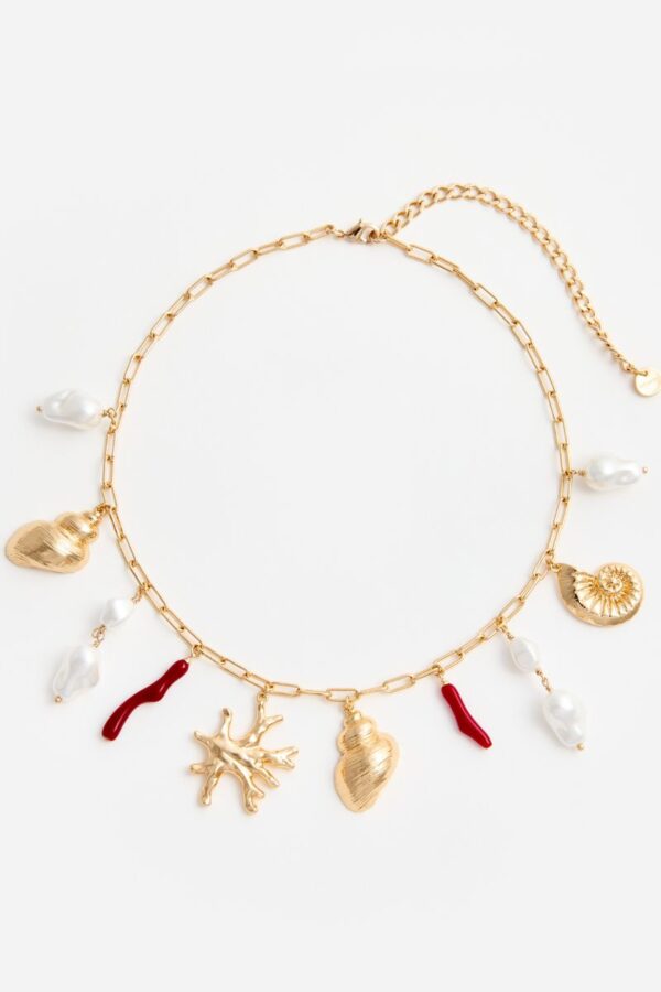 Gold Coral Pearl Charm Necklace