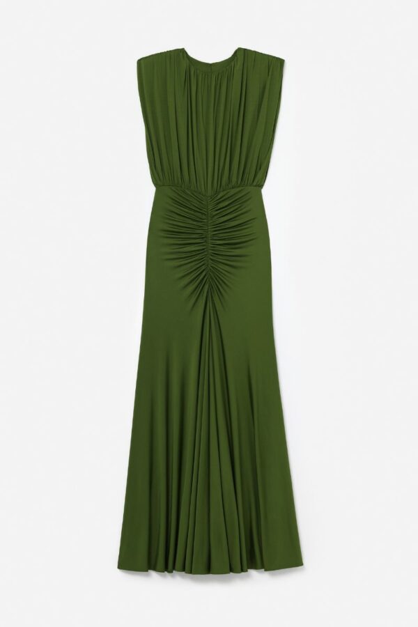 Olive Jersey Gathered Maxi Dress