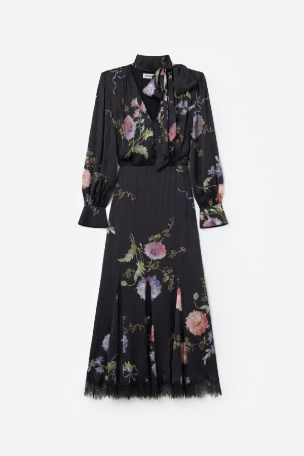 Black Satin Floral Printed Midi Dress
