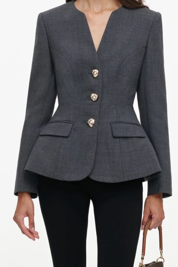 Grey Wool Collarless Jacket - Image 3