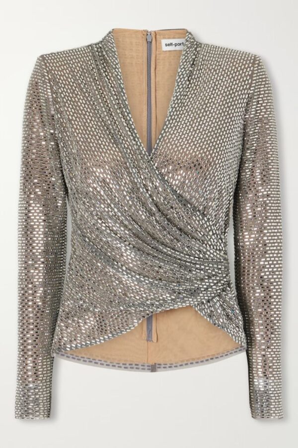 Grey Rhinestone Mesh Wrap Top