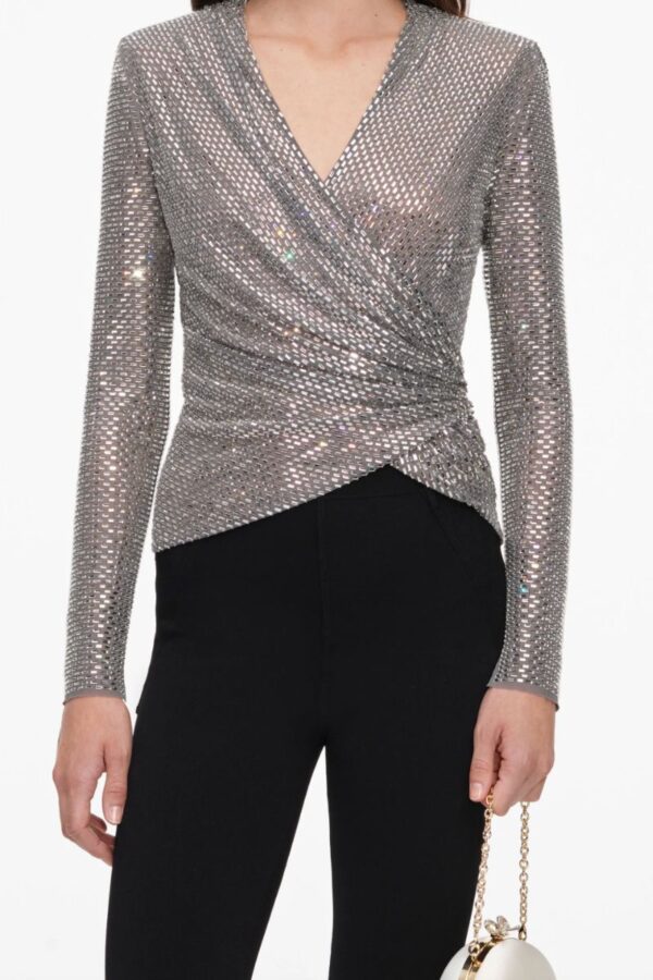 Grey Rhinestone Mesh Wrap Top - Image 2