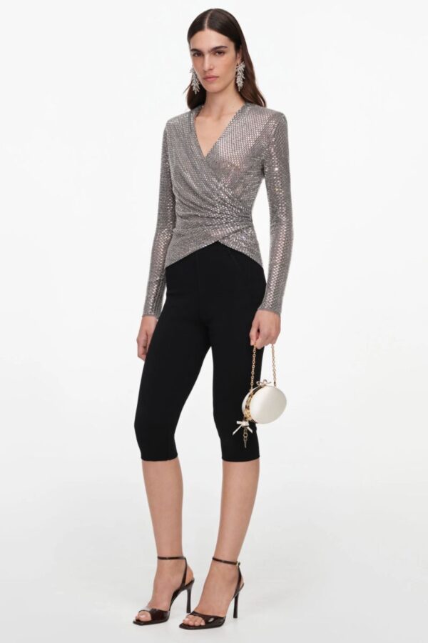 Grey Rhinestone Mesh Wrap Top - Image 3