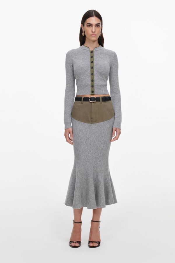 Grey Knit Khaki Denim Insert Midi Skirt